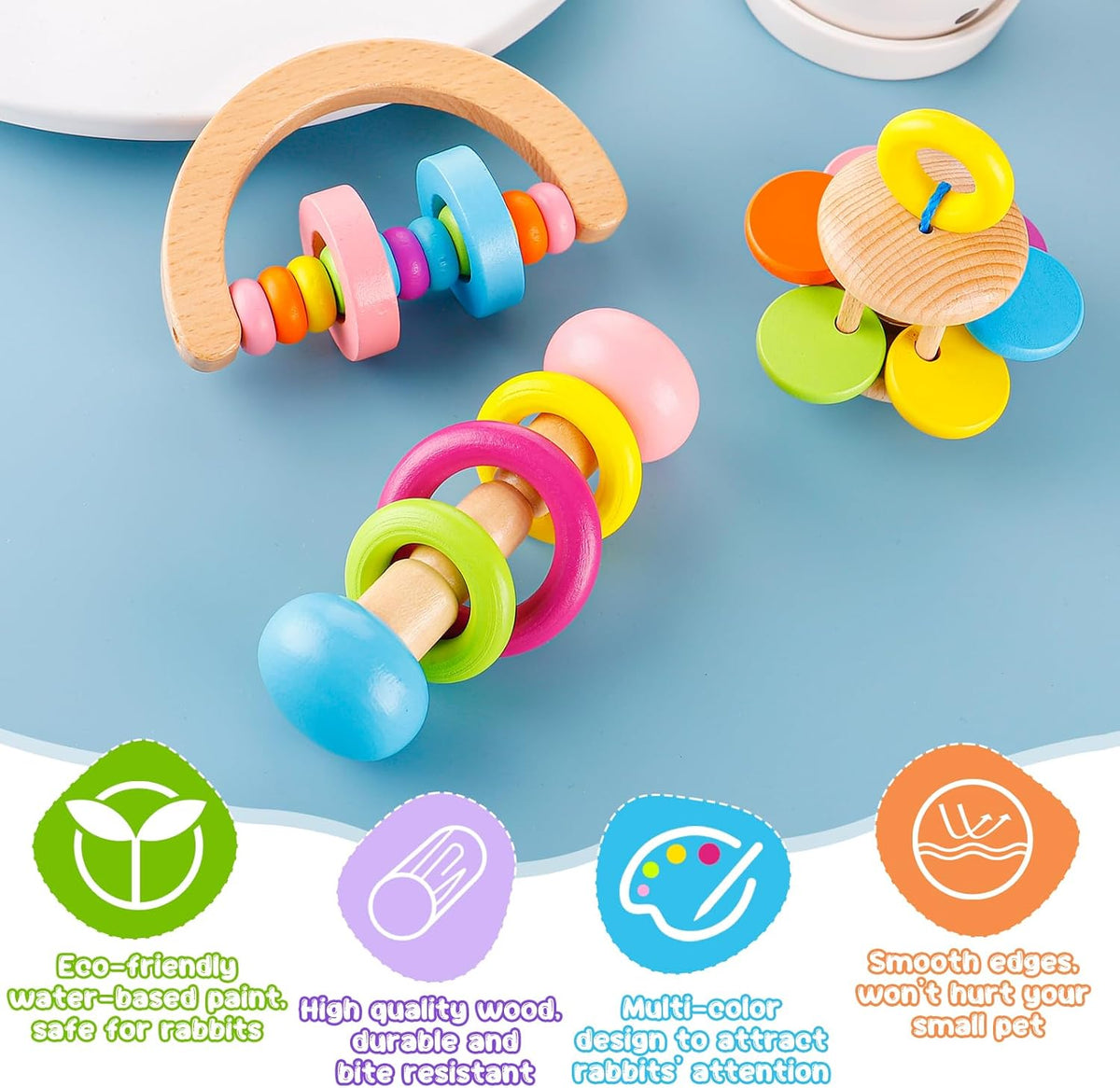 MEWTOGO 3 Pcs Wooden Bunny Toys - Safe Rabbit Toys, Bite-Resistant Guinea Pigs Toys for Chinchillas