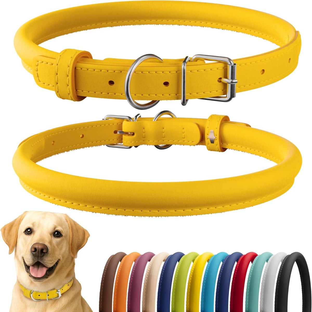 CollarDirect Rolled Leather Dog Collar, Soft Padded Round Puppy Collar, Handmade Genuine Leather