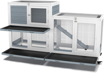 GDLF Two Floors 58" Wooden Indoor Bunny Hutch Rabbit Cage on Wheels Guinea Pig PET House for Small