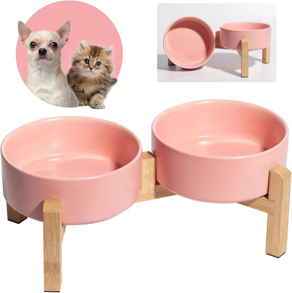 Elevated Ceramic Dog Bowl Set - Raised Feeding Bowls with Non-Slip Bamboo Stand - Small Pet Dishes