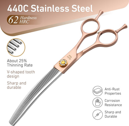 Fenice Peak Professional Curved Thinner Dog Grooming Scissors 7.0'' Rose Gold Thinning Shears