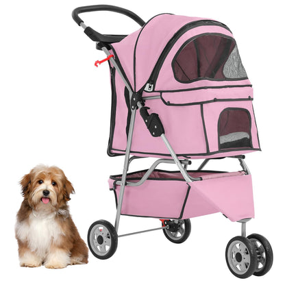 3-Wheels Pet Strolling Cart for Small Medium Dogs and Cats with Storage Basket,Holder, Foldable Pet