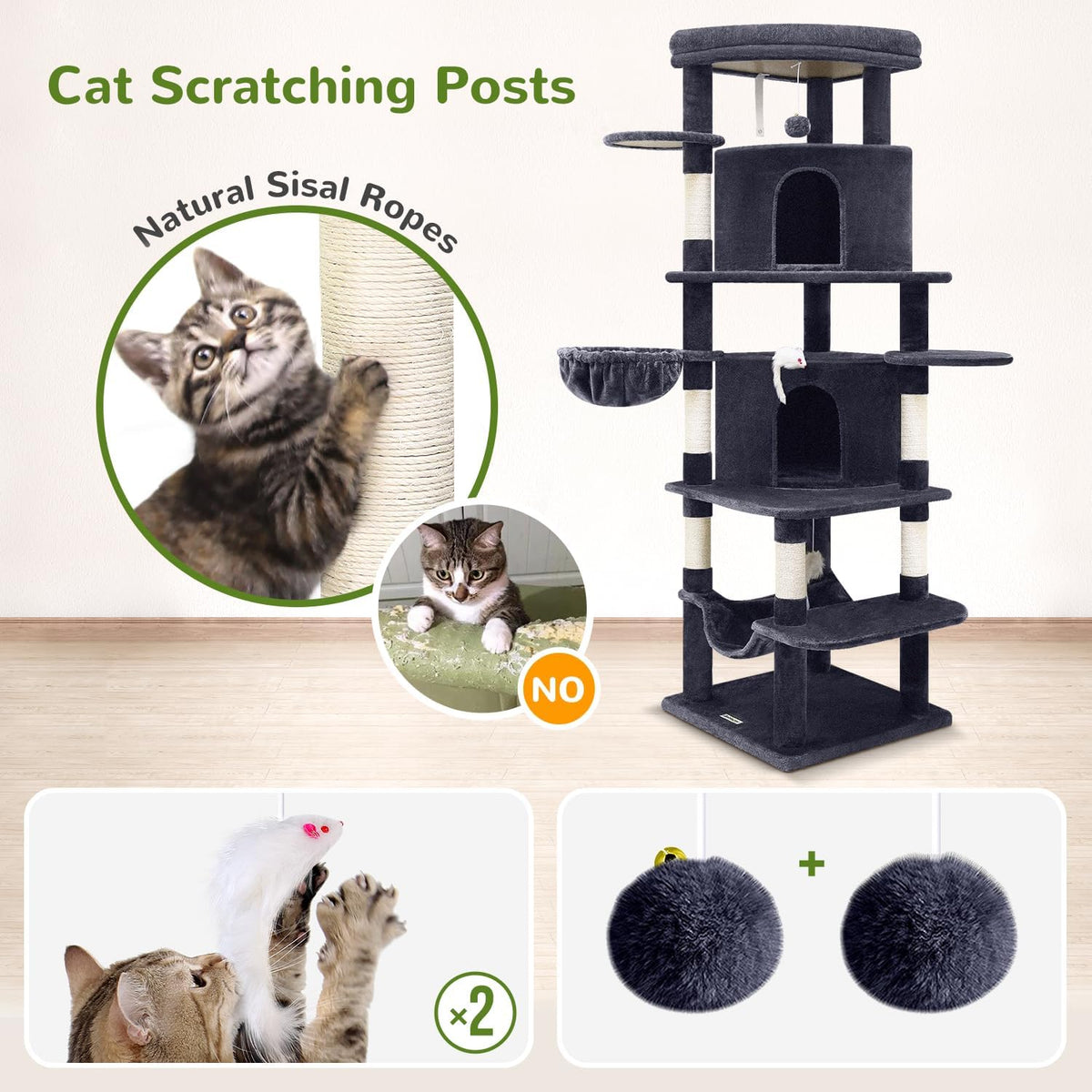 Globlazer Corner Cat Tree for Large Cats, 66inch Tall Curved Series Large Cat Tower for Multiple
