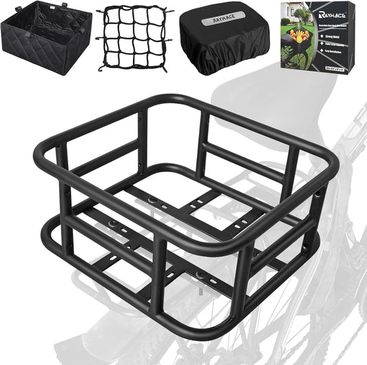 RAYMACE Rear Rack Bike Basket with Cargo Net and Liner Large Bicycle Basket Perfect Mount for