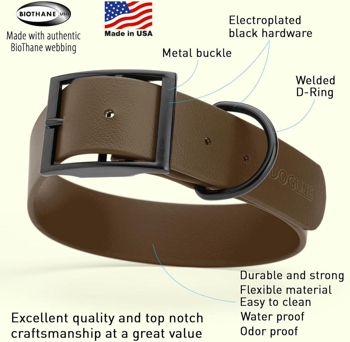 Dogline Biothane Waterproof Dog Collar Strong Coated Nylon Webbing with Black Hardware Odor- Proof