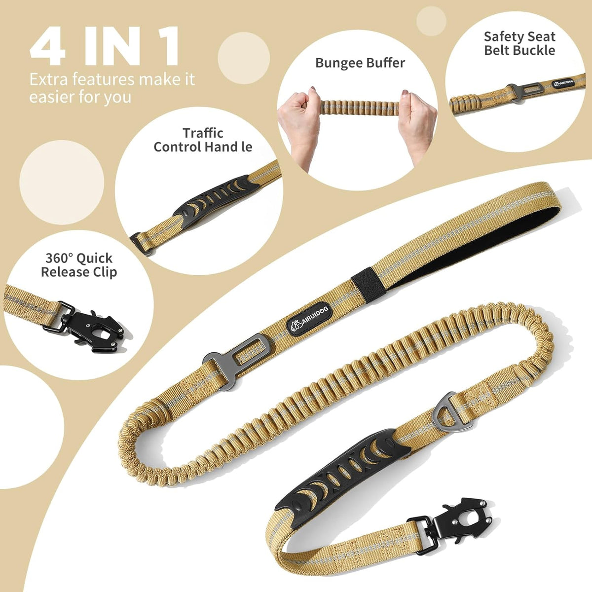 Heavy Duty Tactical Bungee Dog Leash, 4-6FT Shock Absorbing Tactical Leash with 2 Padded Handles