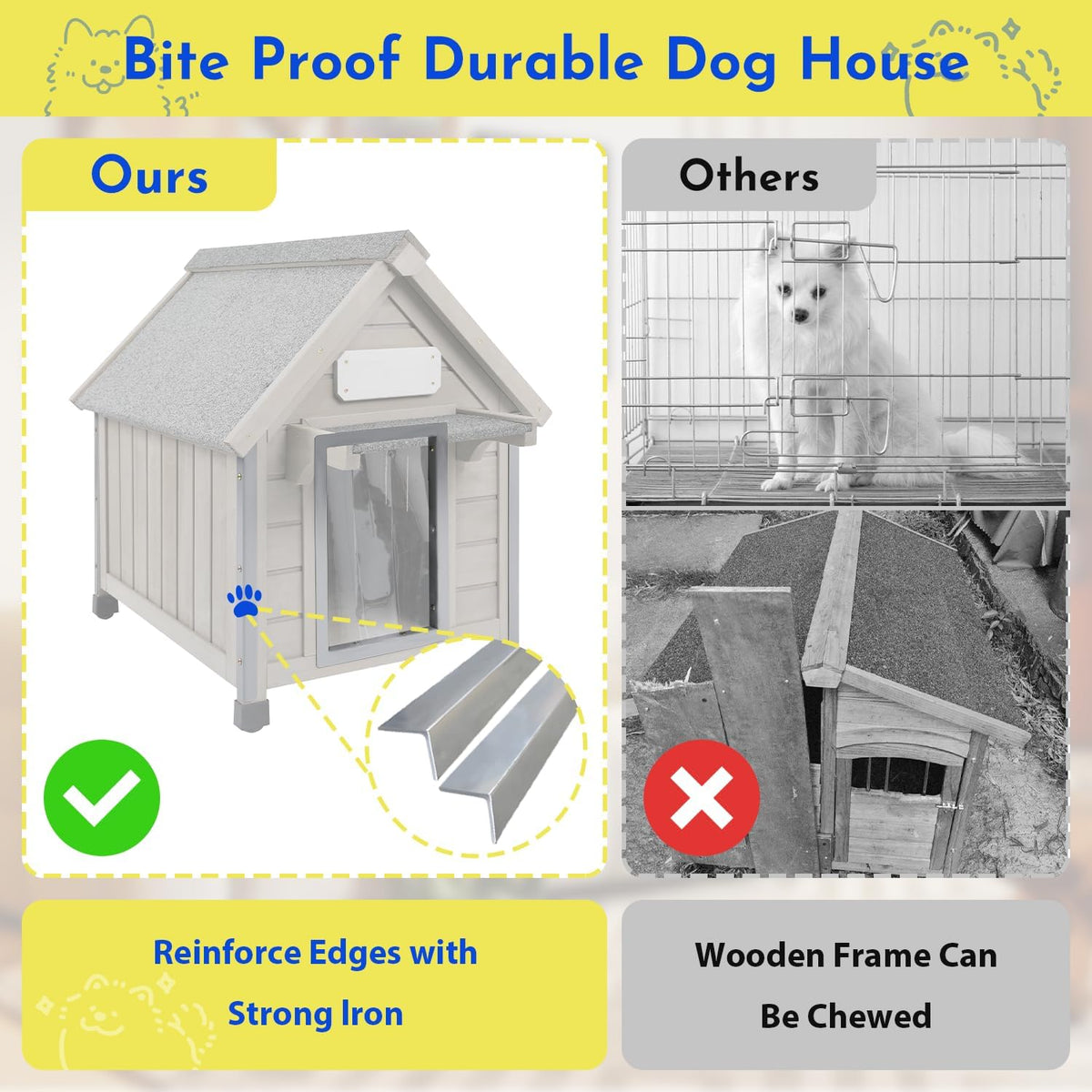 Outdoor Dog House Weatherproof Large Wooden Dog Kennel Indoor for Small Dogs with Chew-Proof Frame