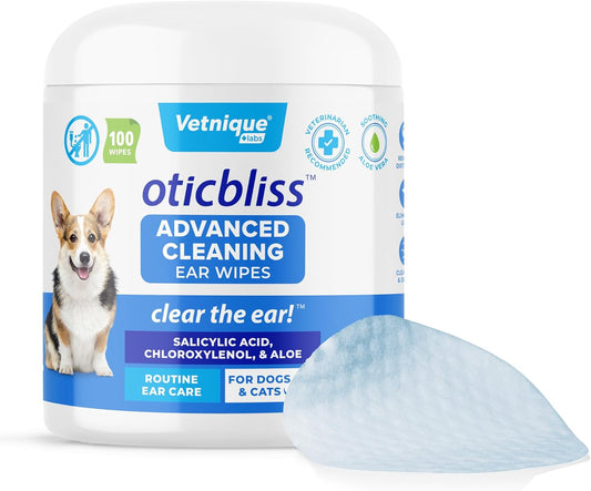 VETNIQUE Oticbliss Advanced Cleaning Ear Wipes for Dogs & Cats for Odor Control, Dirt and Wax