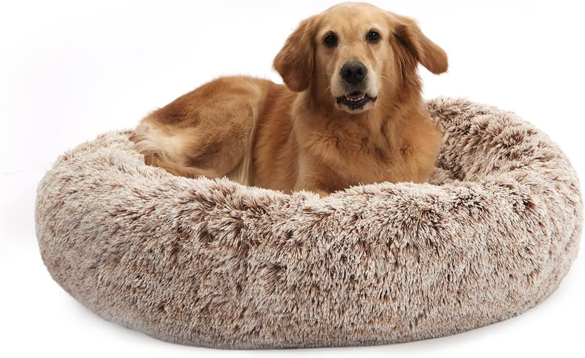 Bedfolks Calming Donut Dog Bed, 36 Inches Round Fluffy for Large Dogs, Anti-Anxiety Plush, Machine