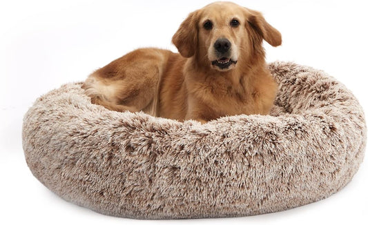 Bedfolks Calming Donut Dog Bed, 36 Inches Round Fluffy for Large Dogs, Anti-Anxiety Plush, Machine