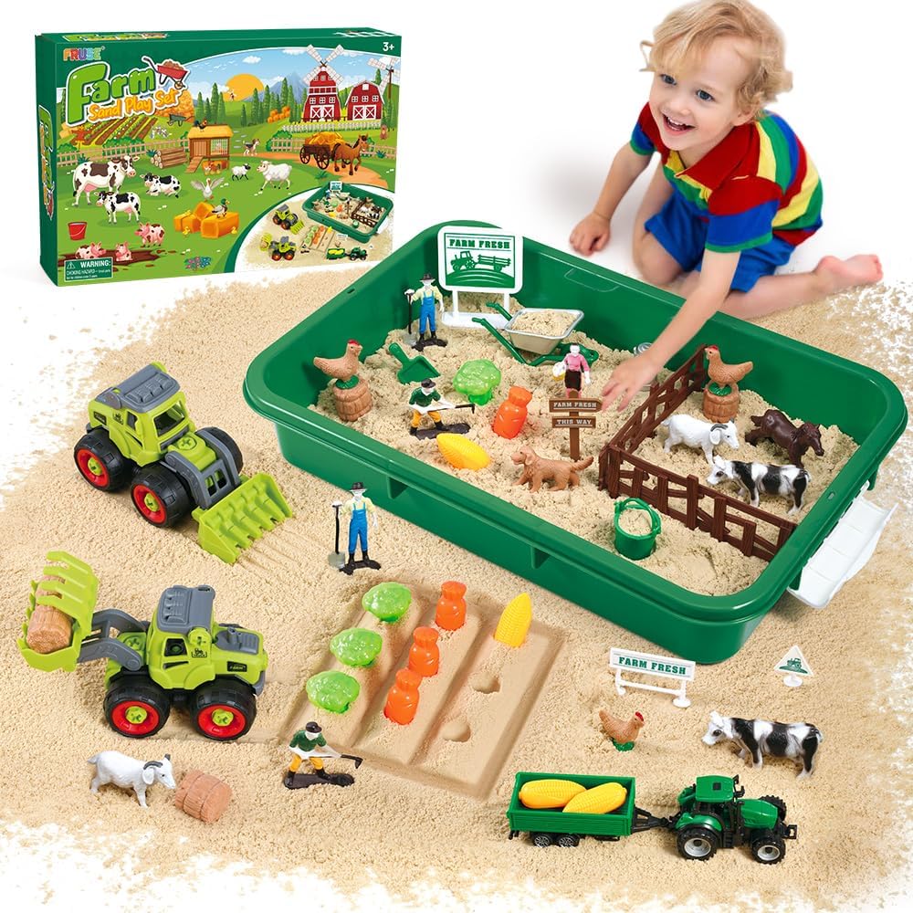 FRUSE Play Sand Farm Toys,Sensory Bins for Toddlers with 2.2lbs Sensory Play Sand,Farm Figures &