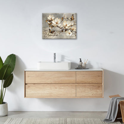Floral Magnolia Bathroom Pictures Wall Art, Just Breathe Bathroom Wall Decor, Flower Butterfly