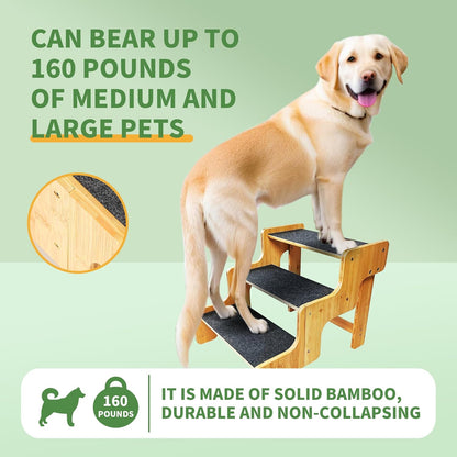 Dog Stairs for Small Dogs,3-Step Bamboo Wooden Dog/Pet/Cat Steps Ramp for Couch Sofa,Bed and Car
