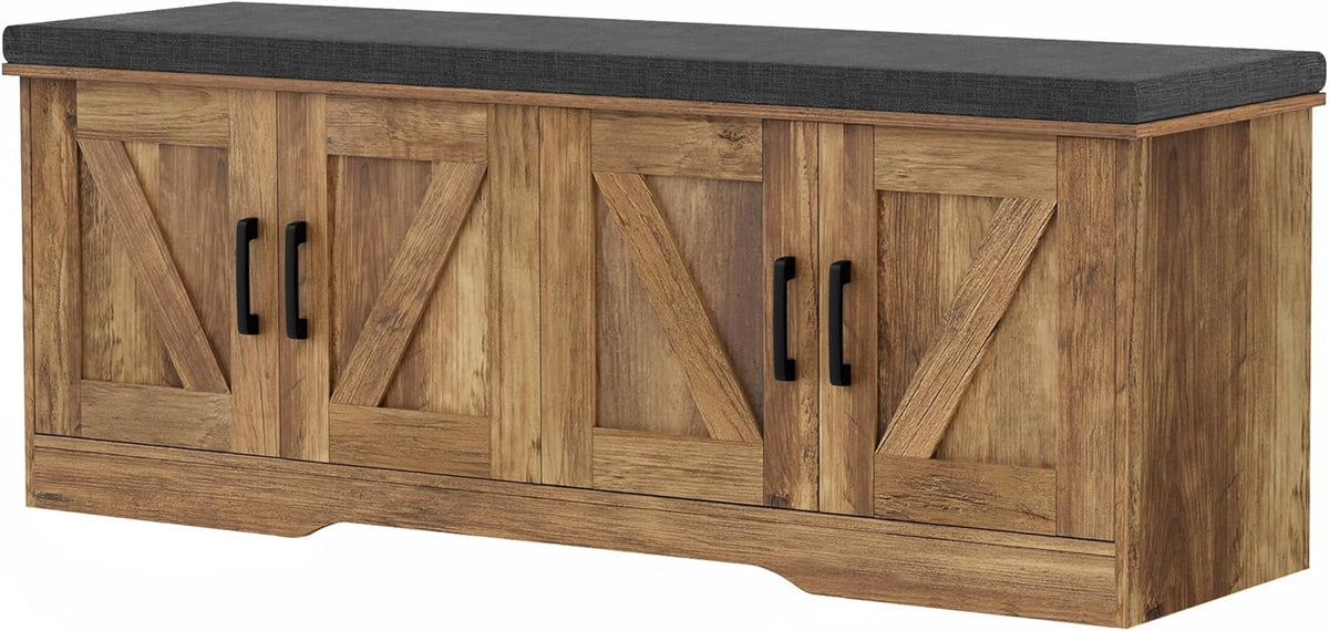 2-Tier Storage Bench, Shoe Bench with Padded Seat Cushion, Entryway Bench with 4 Barn Doors