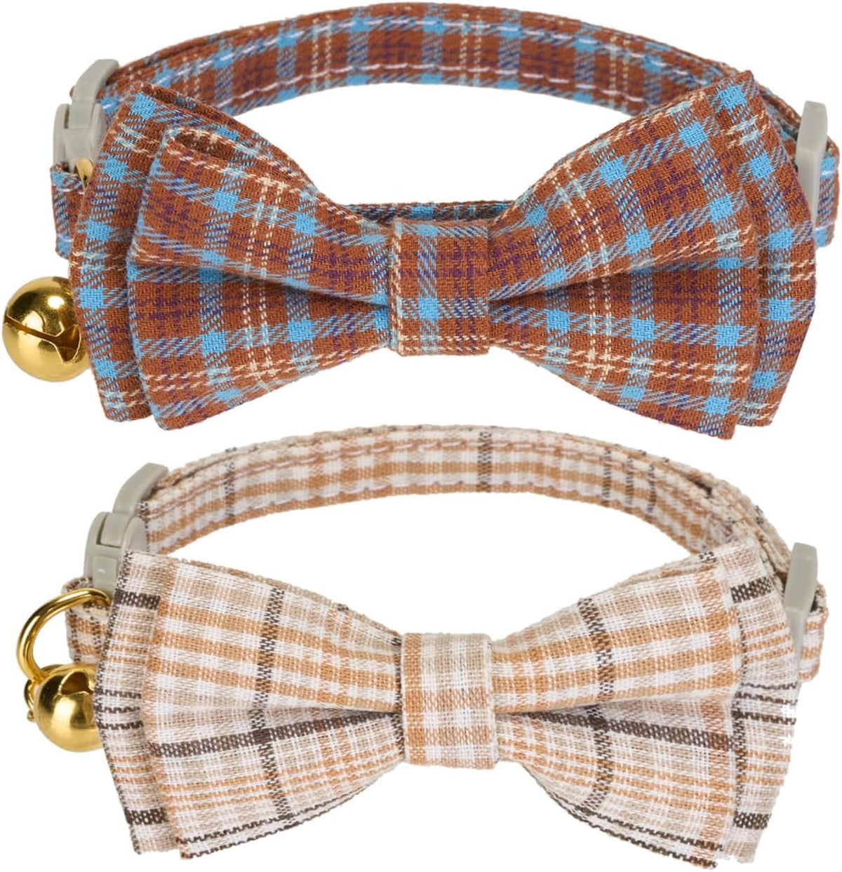 2 Pack Soft Cotton Cat Collars with Bowtie and Bell Breakaway Plaid Cat Kitten Collar(Beige and