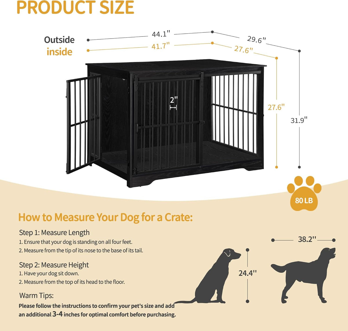 XL Large Dog Crate Furniture, 44.1" Indoor Dog Kennel Furniture with Barn Door, Wooden Tall Dog