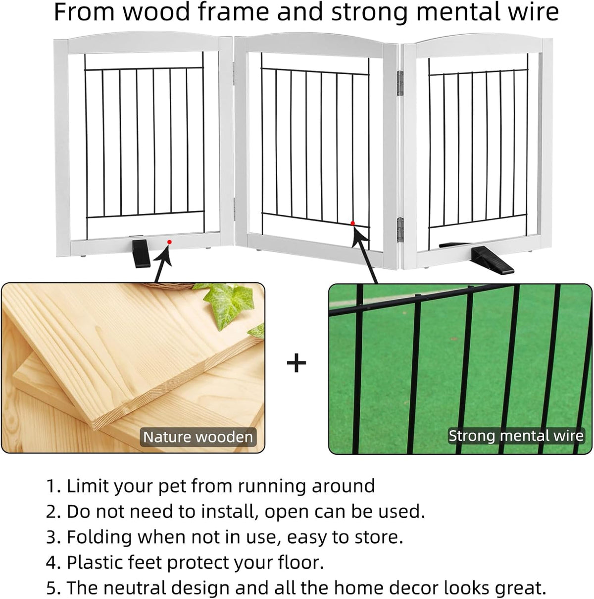 ZJSF Freestanding Dog Fence Indoor, Foldable Dog Gate for Doorways, Stairs or Hallways, Sturdy Wood