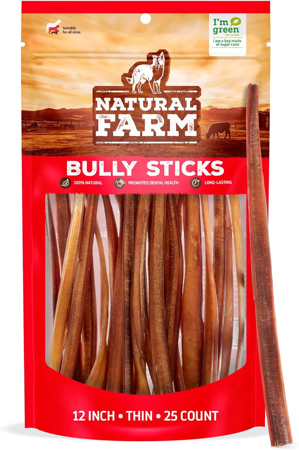 Natural Farm Odor-Free Thin Bully Sticks (12”, 25-Pack) All-Natural Long-Lasting Dog Chews, 100%