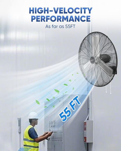 KEN BROWN 30 Inch Industrial Oscillating Wall Mount Fan - 7497 CFM High Velocity, Heavy Duty Metal