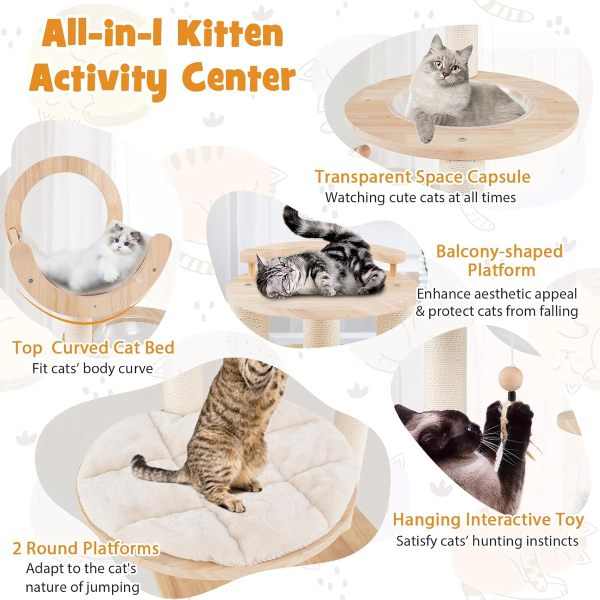 Tangkula Solid Wood Cat Tree, 4-in-1 Building Block Large Cat Tower with Space Capsule Nest