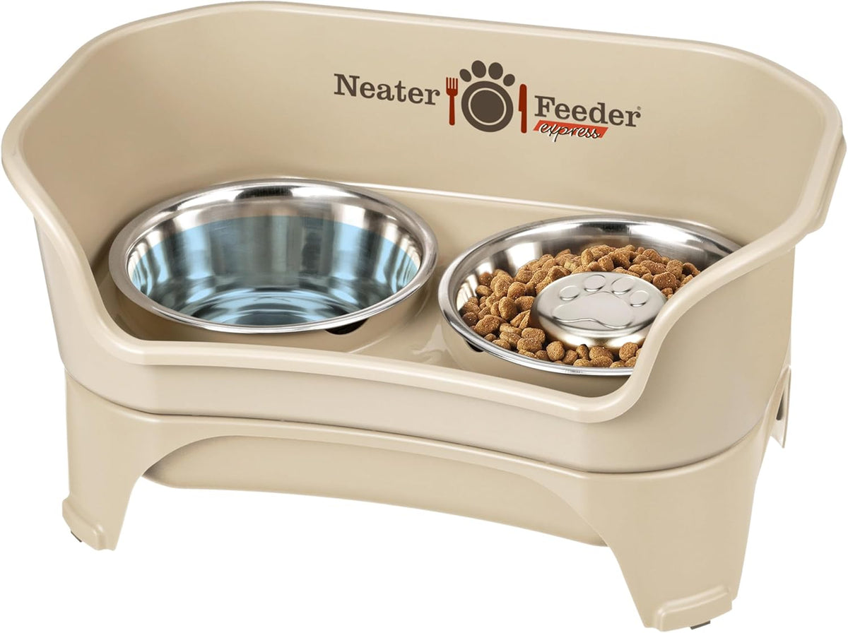 Neater Feeder - Express Model w/ Slow Feed Bowl - Mess-Proof Dog Bowls (M/L, Almond) Made in USA