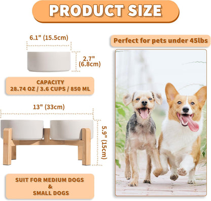 Elevated Ceramic Dog Bowl Set - Raised Dog Bowls with Non-Slip Bamboo Stand - Dog Food and Water
