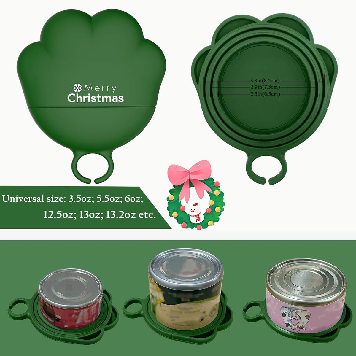 Christmas Pet Set - 3 Cat Food Can Lids & 1 BPA-Free Opener | Cute Paw Shape Can Covers and Opener