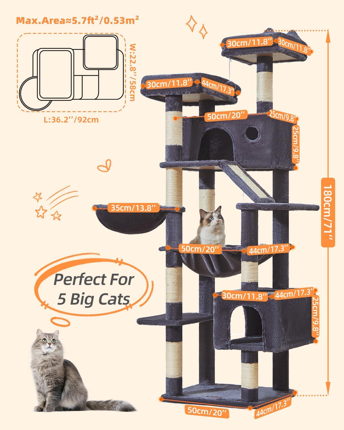 Taoqimiao Cat Tree 71-Inch, Cat Tower for Indoor Cats Large Adult, Multi-Level Large Cat Condo, 8