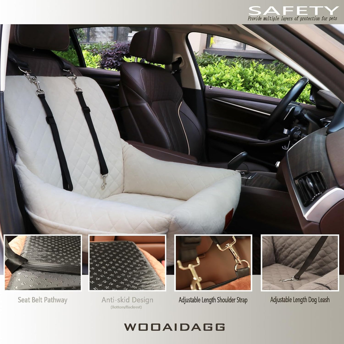 Dog Car Seat for Small Dogs,Ultra-Soft Fabric,2 Storage Pockets & Safety Leash,Adjustable