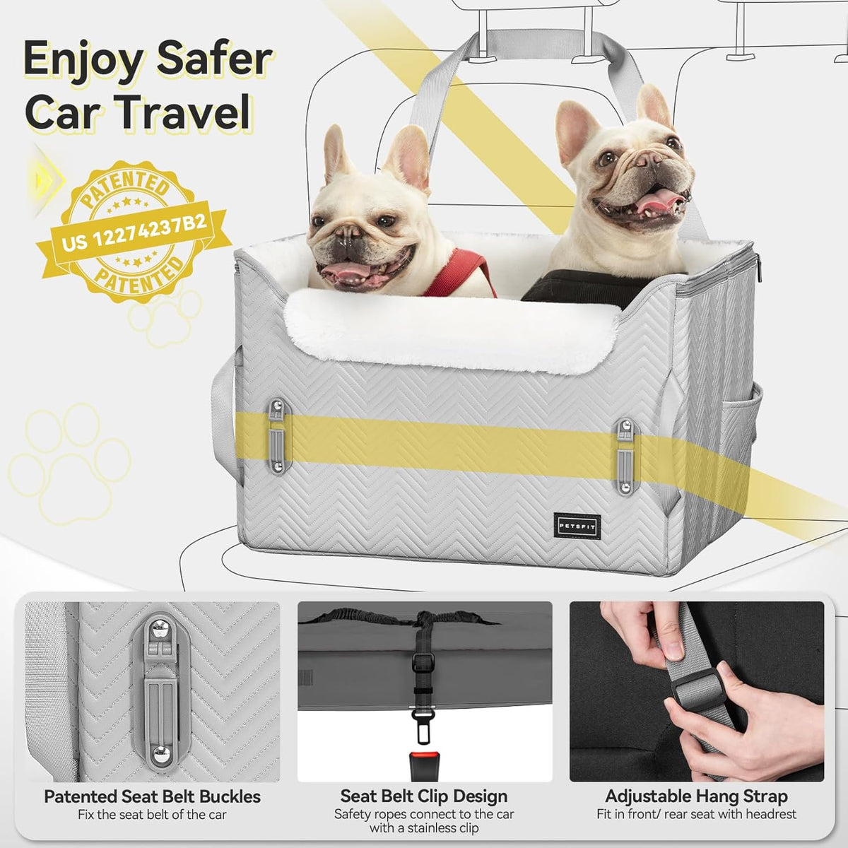 PETSFIT Dog Booster Car Seat, Waterproof PU Leather Car Seat for Dogs with Patented Safe Buckles, 2
