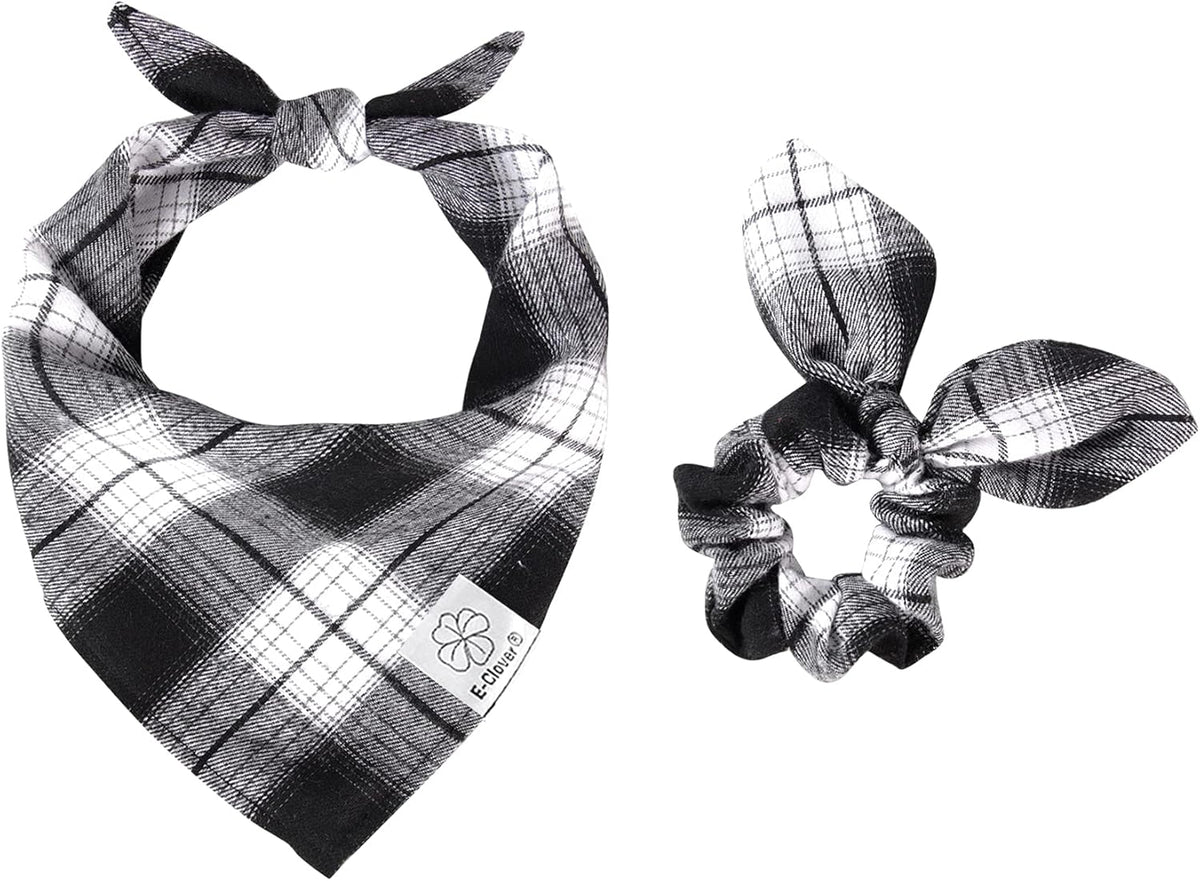 E-Clover Dog Bandanas & Matching Scrunchie Set Boy Plaid Dog Scarf Triangle Bandana Bibs for Medium