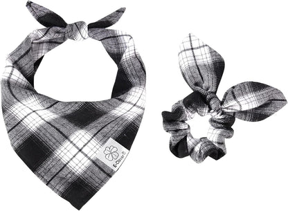 E-Clover Dog Bandanas & Matching Scrunchie Set Boy Plaid Dog Scarf Triangle Bandana Bibs for Medium