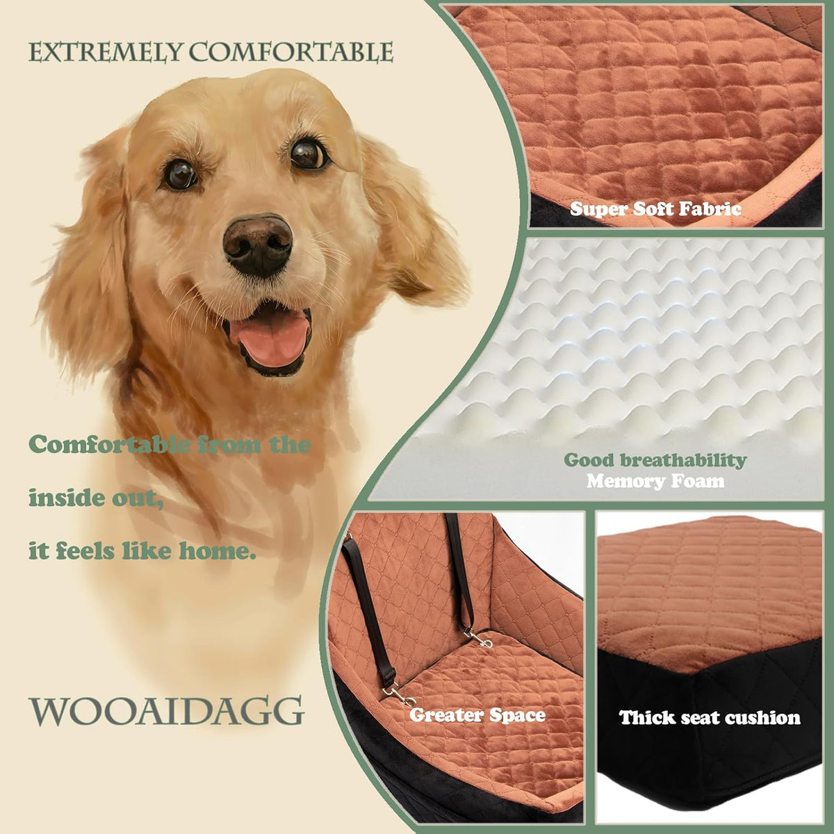 Dog Car Seat for Medium Dogs, Pet Travel Bed with Seat Belt Channel, Fully Detachable and Washable