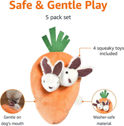 Amazon Basics Interactive Hide and Seek Squeaky Dog Plush Toy, Rabbit and Carrot, Orange and White