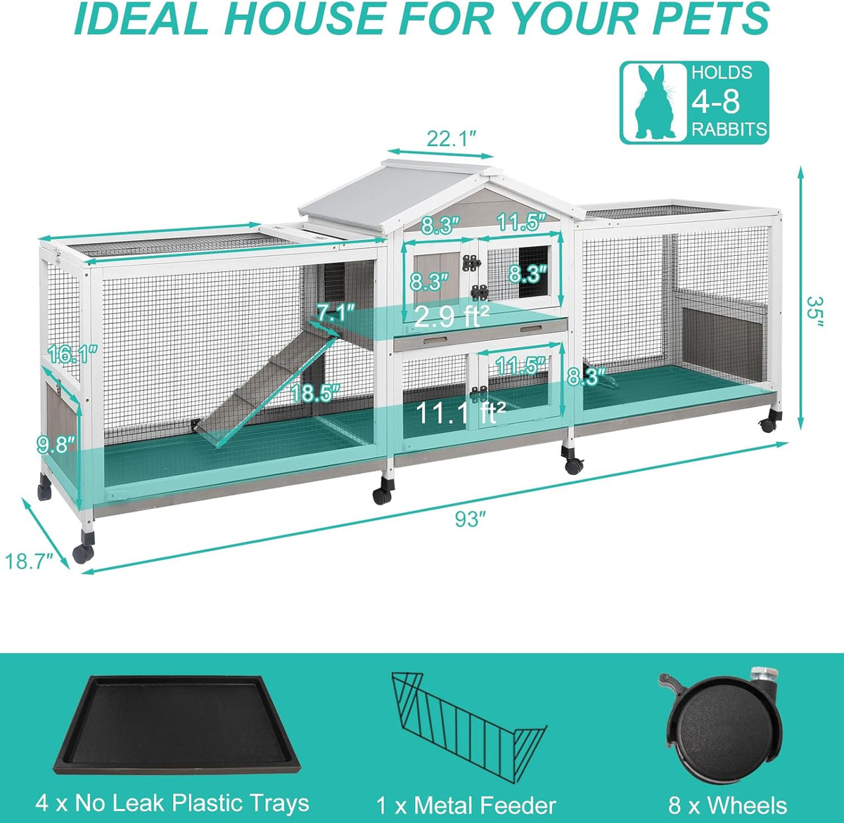 2-Tier Rabbit Hutch with Wheels, Indoor & Outdoor Small Animal Cage with Deep Pull-Out Tray