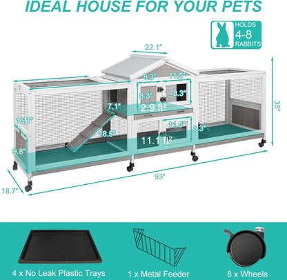 2-Tier Rabbit Hutch with Wheels, Indoor & Outdoor Small Animal Cage with Deep Pull-Out Tray