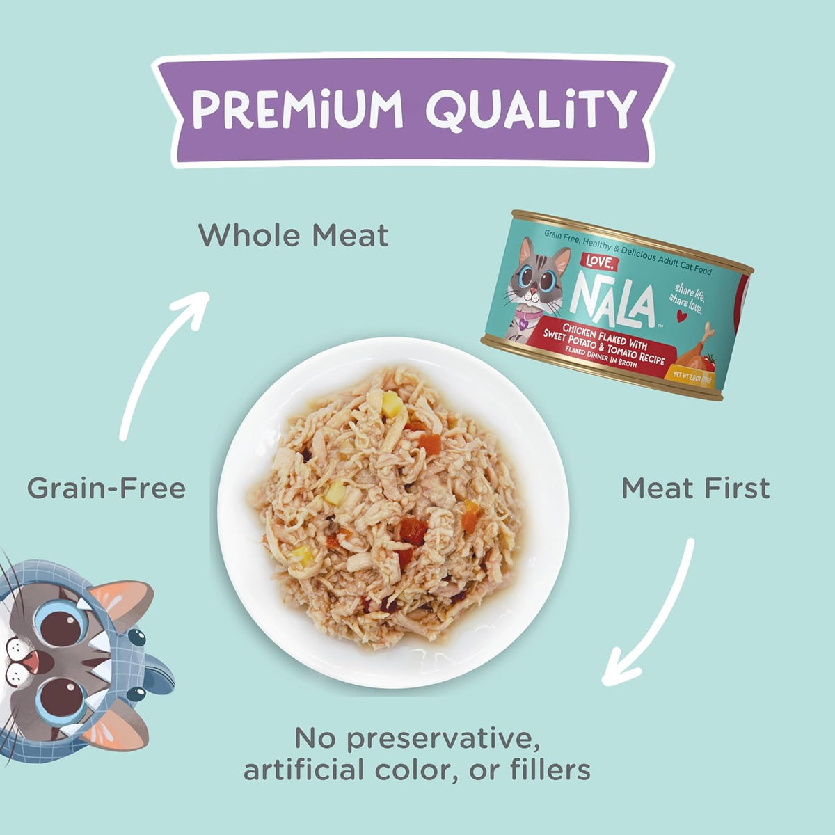 LOVE, NALA - Natural Adult Cat Wet Food - FLAKED Chicken, Sweet Potato, Tomato in Broth - Grain