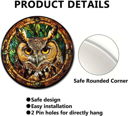 Lygond Metal Sign Tin Sign Circular Stained Glass Owl Home Deccor Store Home Decor for Patio 12×12