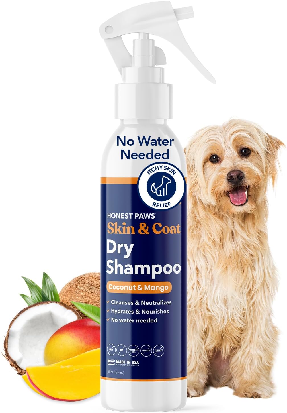 Honest Paws Dog Dry Shampoo - Waterless No Rinse Spray Formula Reducing Itch Cleanse Hydrate