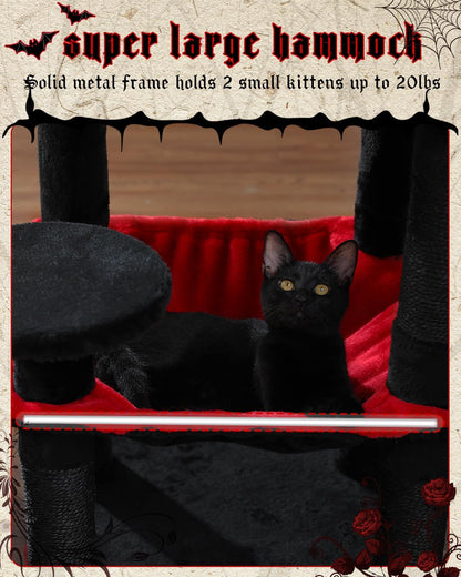 Gothic Cat Tree with Super Large Hammock, 45.7" Black Cat Tower with Coffin Bed, Cat Condo, Sisal
