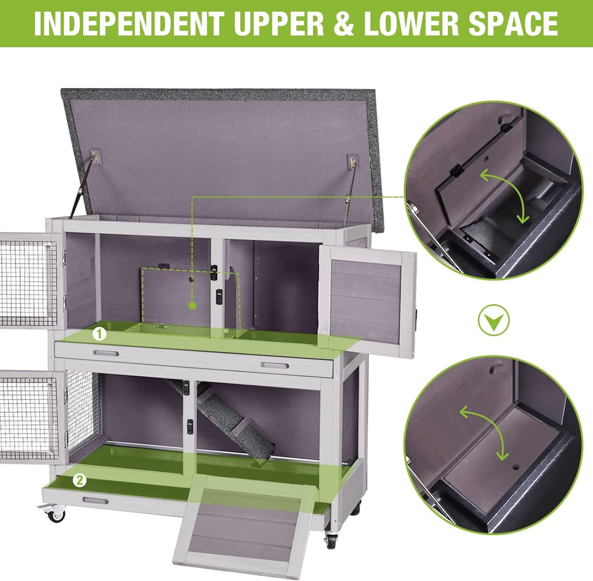 Rabbit Hutch Bunny Cage, Guinea Pig Cage Bunny Hutch Indoor, Wood Pet Cage with 4 Casters -2 Story