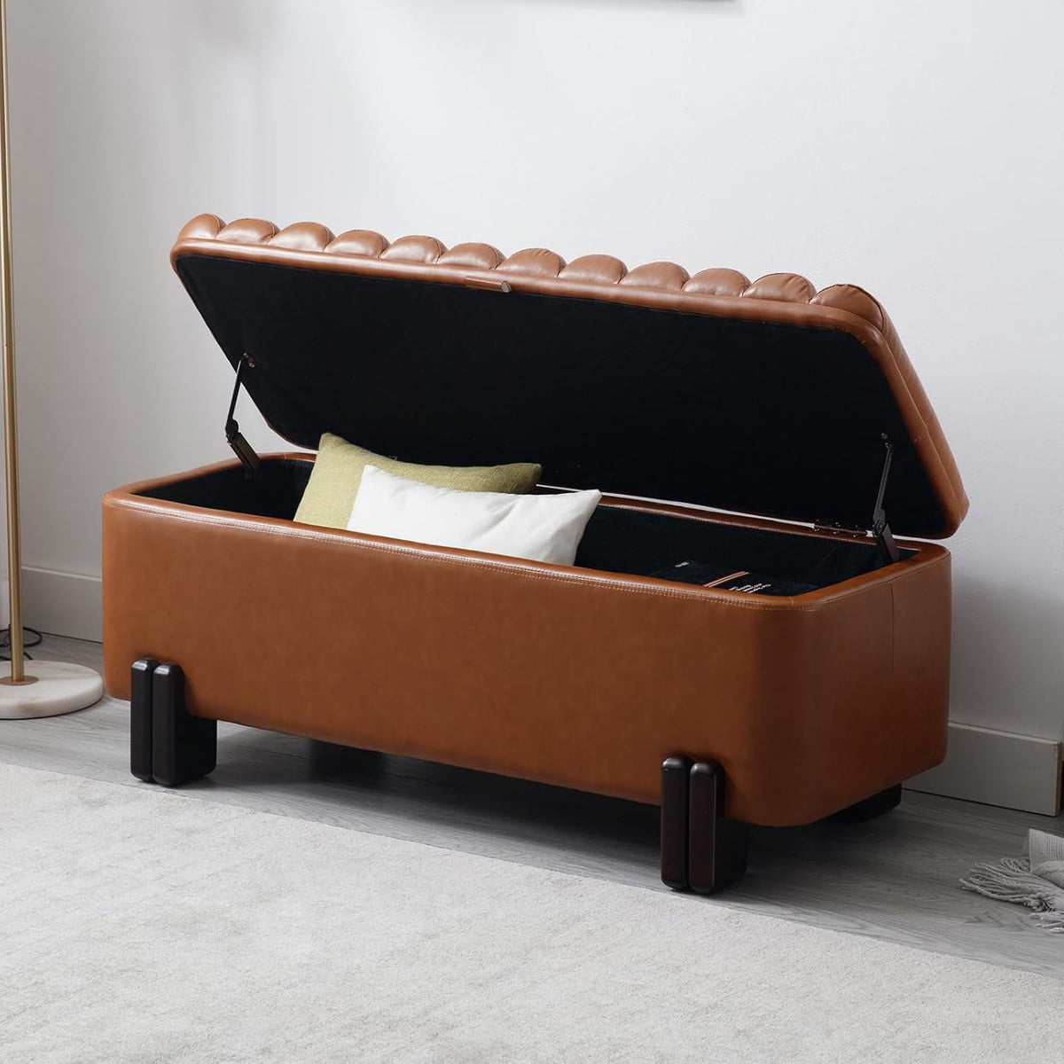 Kmax 45" Storage Bench PU Leather Entryway Bench Upholstered Ottoman Bench with Wavy Top & Safty