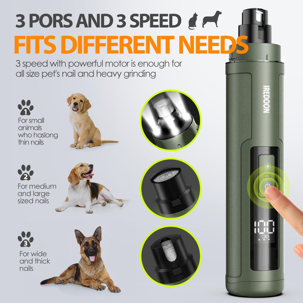 Dog Nail Grinder Upgraded - Professional 3-Speed Super Quiet and Low Vibration Electric Pet Nail