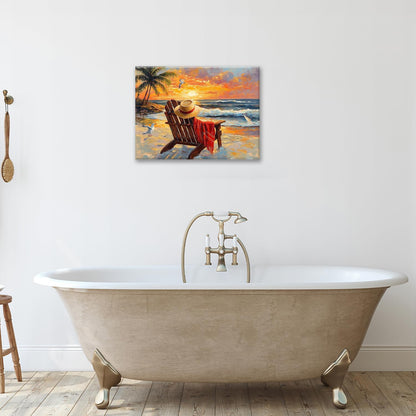 Beach Coastal Bathroom Pictures Wall Art, Seaside Ocean Bathroom Wall Decor, Sunrise Palm Framed