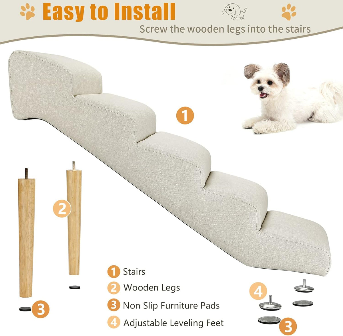 Senneny Imitation Linen Faux Leather Dog Stairs, for Pets up to 150 lbs, Waterproof, Scratch
