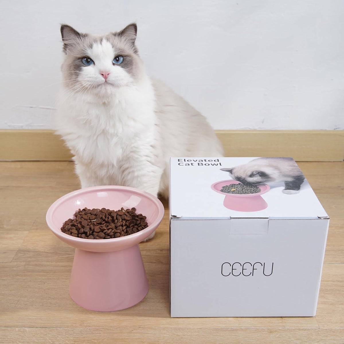 Extra Wide Elevated Ceramic Cat Bowl, 6.2" Shallow Dish for Whisker Fatigue Relief, 5" Height for