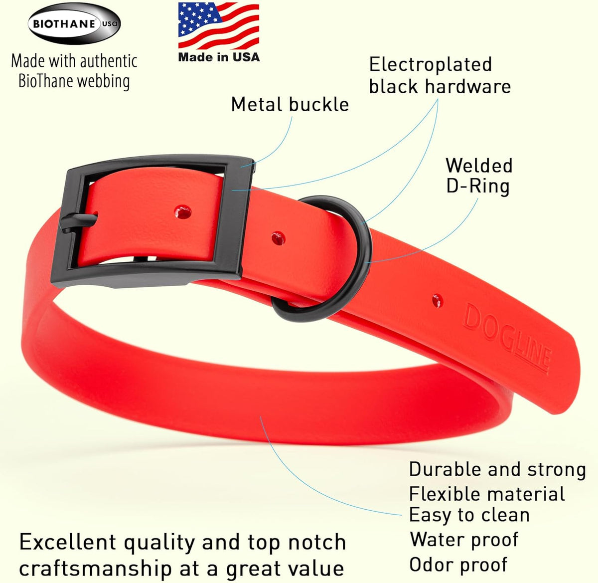 Dogline Biothane Waterproof Dog Collar Strong Coated Nylon Webbing with Black Hardware Odor- Proof