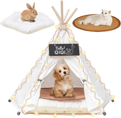 16" Dog& Cat Teepee Tent +20" Pet Cooling Mat +10ft Star String Light [2-Modes],Cotton Thicked Soft