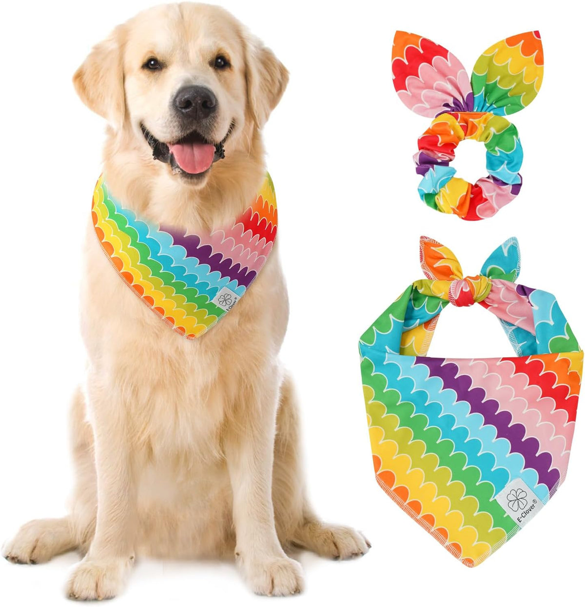 E-Clover Rainbow Dog Bandanas & Matching Scrunchie Set Girl Cute Pride Dog Scarf Bibs Pet Bandana