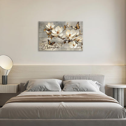 Floral Magnolia Bathroom Pictures Wall Art, Just Breathe Bathroom Wall Decor, Flower Butterfly